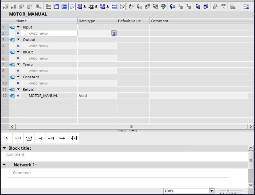 7.6 Definir interface da função FC1 "MOTOR_manual" Clicando em "Add new and open" (Adicionar novo bloco e abrir)", a visualização do projeto abre com uma janela para configuração do bloco