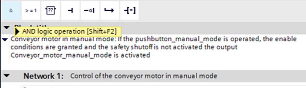 fi Clique no símbolo sua barra de ferramentas lógica, para adicionar uma conexão E entre a variável #Manual_mode_active (Operação manual_ativo) e seu bloco de alocação.