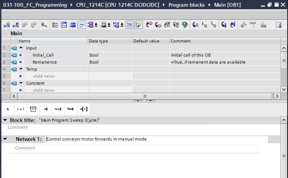 fi Nomeie a rede 1 como "Control conveyor motor forwards in manual mode" (Acionamento movimento da correia para frente no