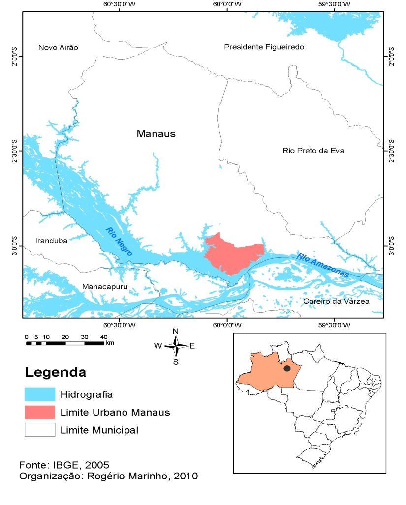Figura 01. Localização geográfica do município de Manaus e área urbana.