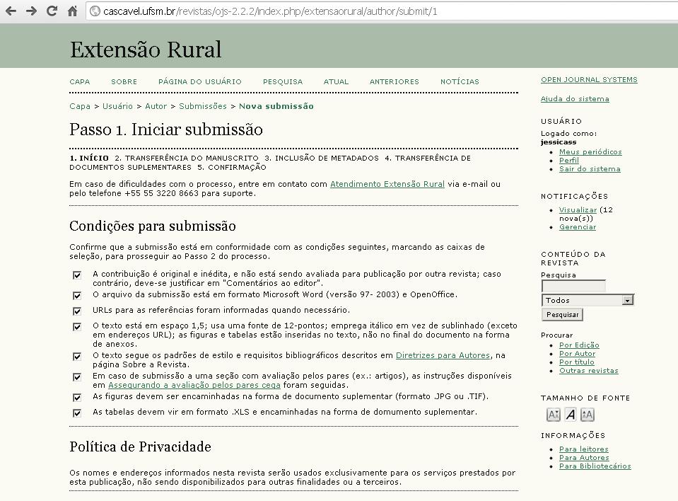 Declaração de Direito Autoral, de modo que todas as opções sejam marcadas.