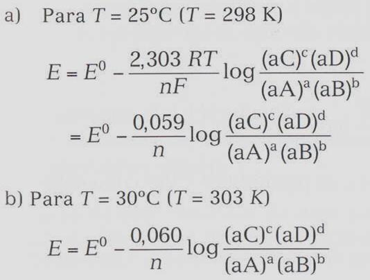 Seja considerada a reação de meia-célula: aa + bb + ne - cc + dd E = E 0 + RT nf ln (aa)a (ab) b (ac) c