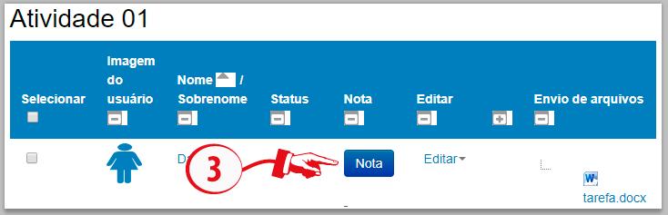 arquivo e o comentário do estudante na publicação da atividade (4.a). Informar a nota correspondente à avaliação da tarefa no campo Nota (4.b).