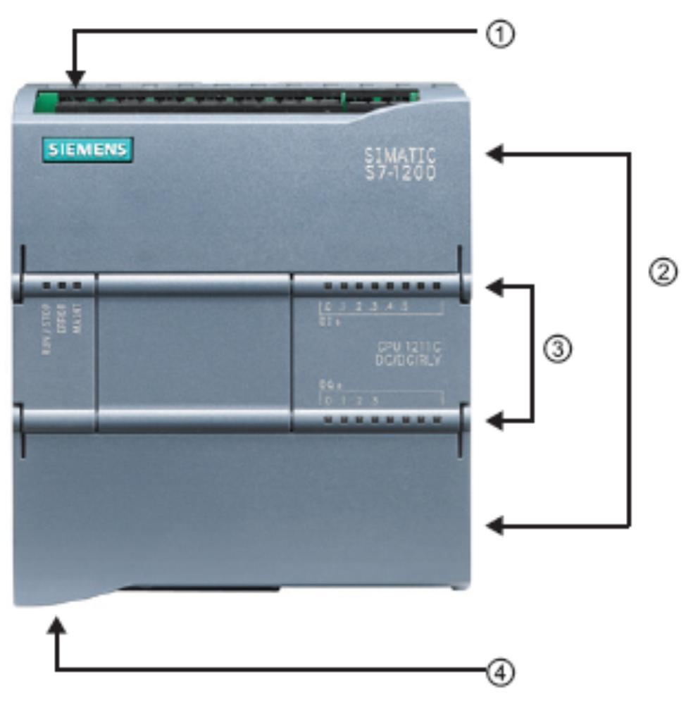 4.2 Elementos operacionais e de exibição da CPU 1214C DC/DC/DC 4.2.1 Vista frontal da CPU 1214C DC/DC/DC Com uma alimentação de tensão integrada (conexão de 24V) e entradas e saídas integradas, a CPU