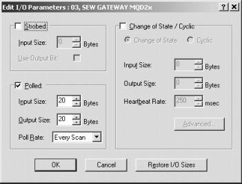 , SEW Gateway MQD2x) na lista de scan. Na lista de scan, fazer duplo clique na unidade cujo comprimento PD deseja ajustar. Abre-se a janela de parâmetro I/O.
