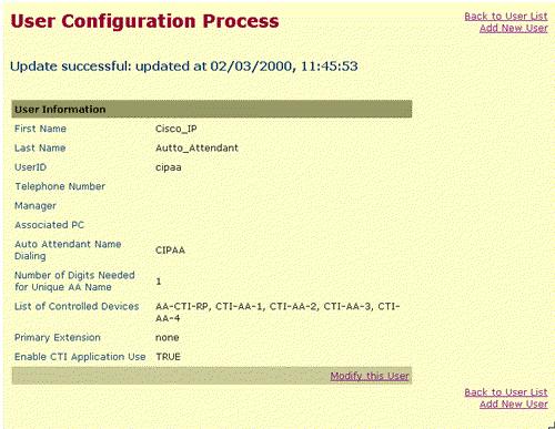 Você tem terminado agora adicionar e configurar o novo usuário para IP AA.Se seu CallManager da Cisco já tem o plugin de JTAPI instalado e operacional, salte a tarefa 4, e vá encarregar o 5.