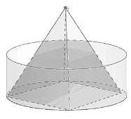 Considerando-se que a base da pirâmide está inscrita na base do cilindro, que o pote estava completamente cheio de água, sendo que a altura da pirâmide é 10 cm, o raio e a altura do cilindro são,