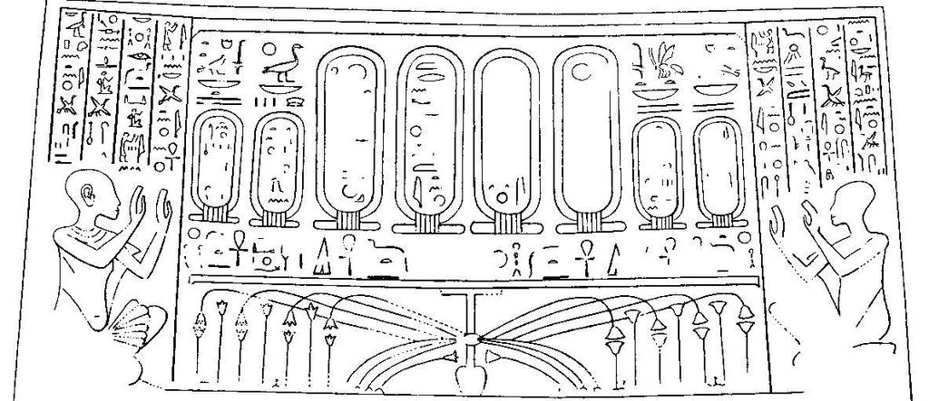 debaixo das cartelas que é ocupado por um desenho representando o sema-taui (Pl. IV). As colunas foram grandemente mutiladas e das que foram destruídas só ficou o ábaco 7. Fig.