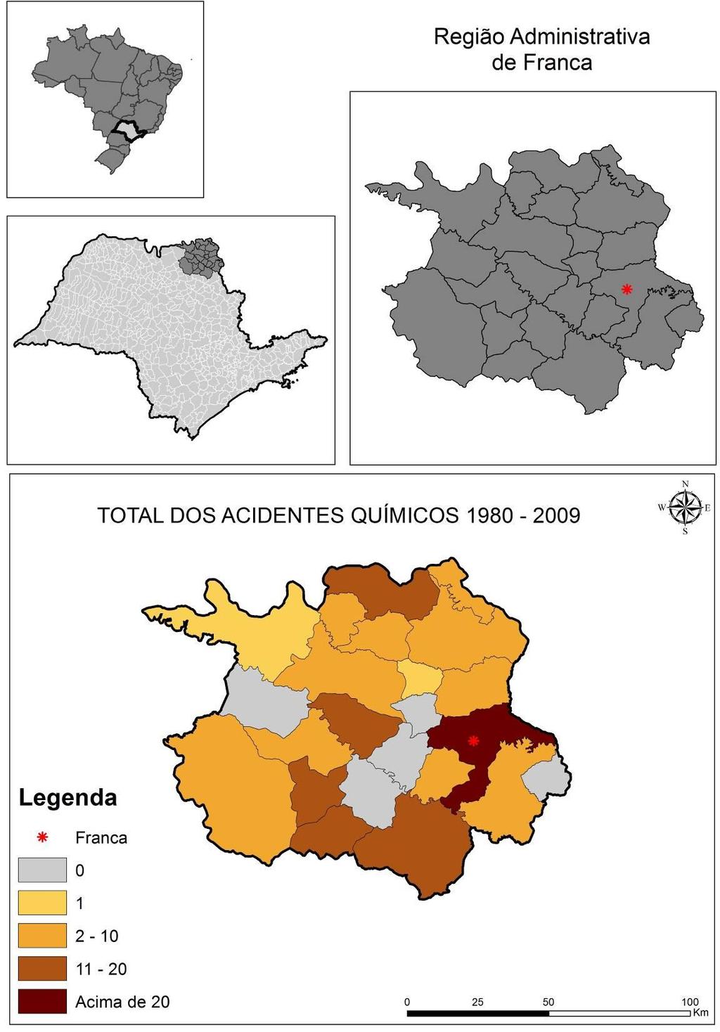 152 Mapa 28: Acidentes Químicos ocorridos na Região Administrativa de Franca, no período de 1980 2009.