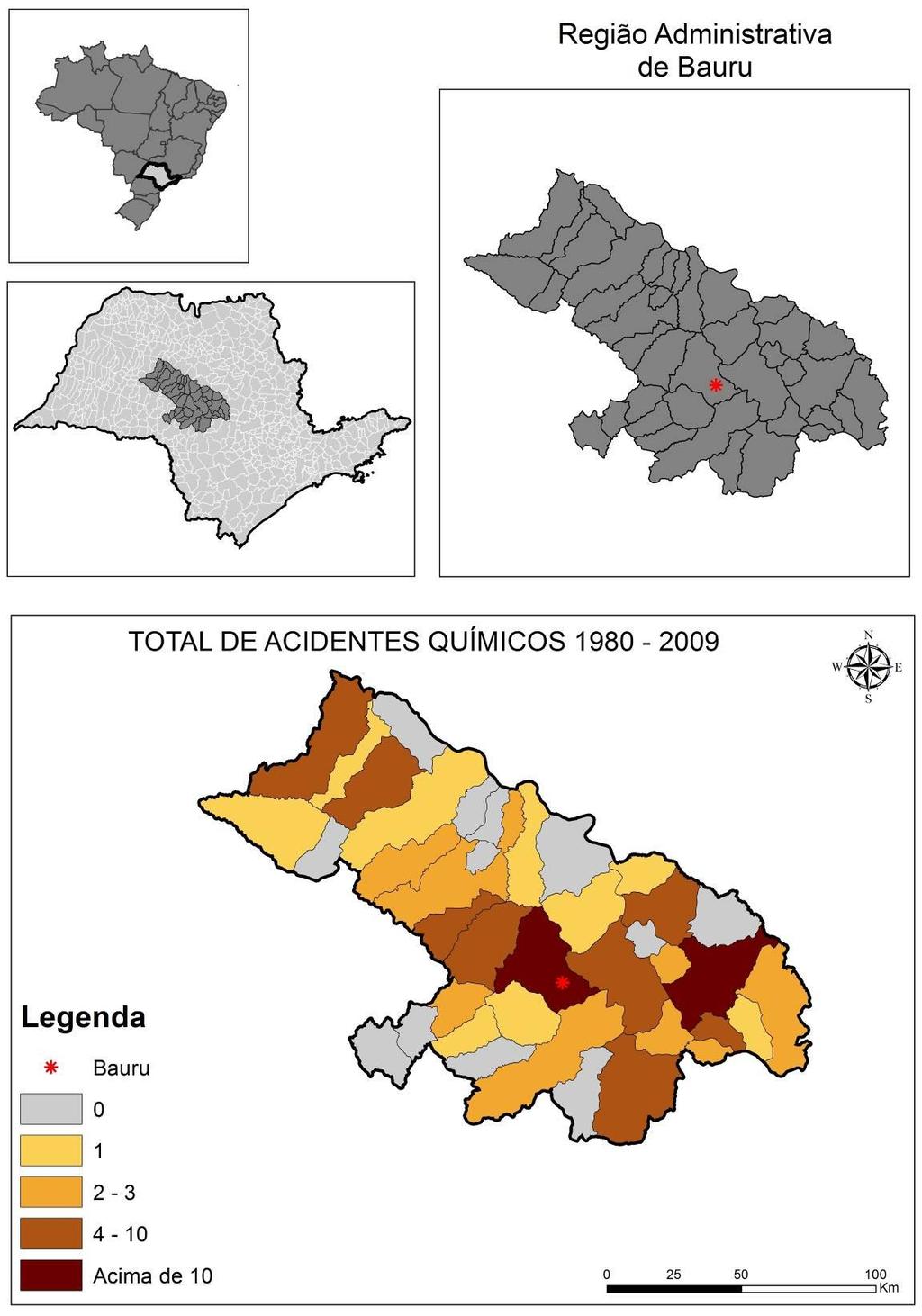 163 Mapa 32: Acidentes Químicos ocorridos na Região Administrativa de Bauru, ocorridos no período de 1980 2009.