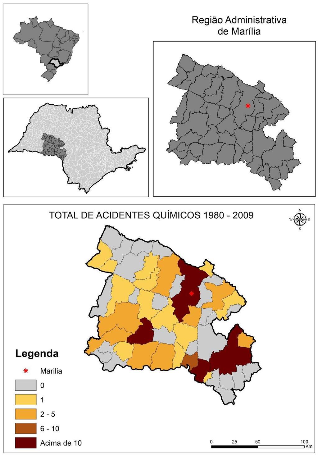 165 Mapa 33: Acidentes Químicos ocorridos na Região Administrativa de Marília, no período de 1980 2009.