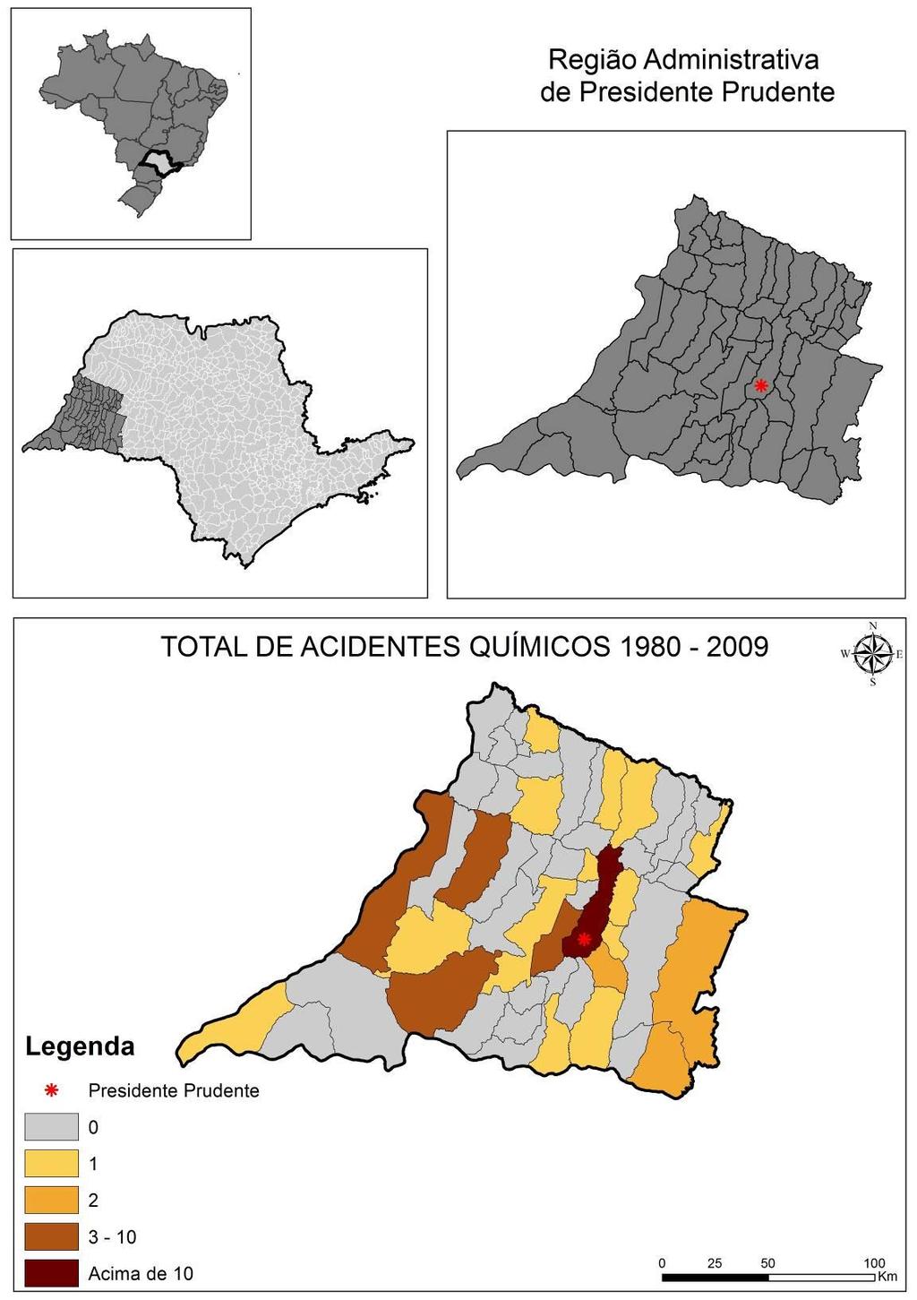 173 De acordo com o Mapa 36 verifica-se a distribuição espacial dos acidentes com produtos químicos, ocorridos na Região Administrativa de Presidente Prudente, no período de 1980-2009.
