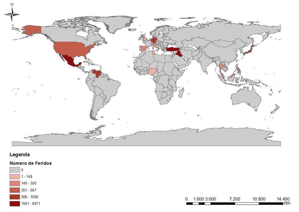 58 Mapa 3: Número de feridos nos principais acidentes ocorridos com produtos químicos, no século