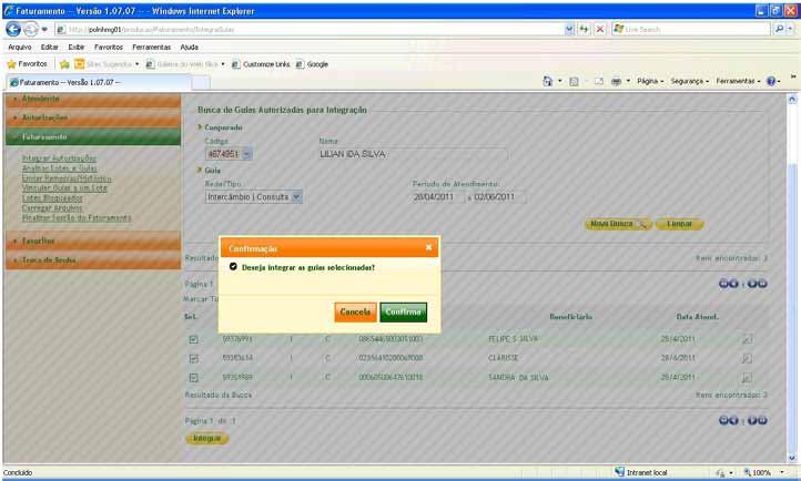 MANUALWEB 46 MANUALWEB 47 8.2.4) O sistema exibirá uma mensagem de confirmação da integração das guias selecionadas, conforme tela 43.