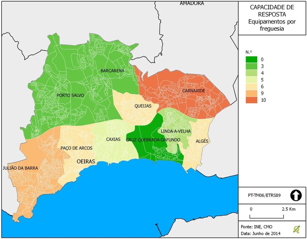 Figura 86 Número de equipamentos críticos, estratégicos e vitais na freguesia representado à subsecção estatística O cálculo das distâncias-tempo (por nó) e das isócronas (polígonos resultantes da