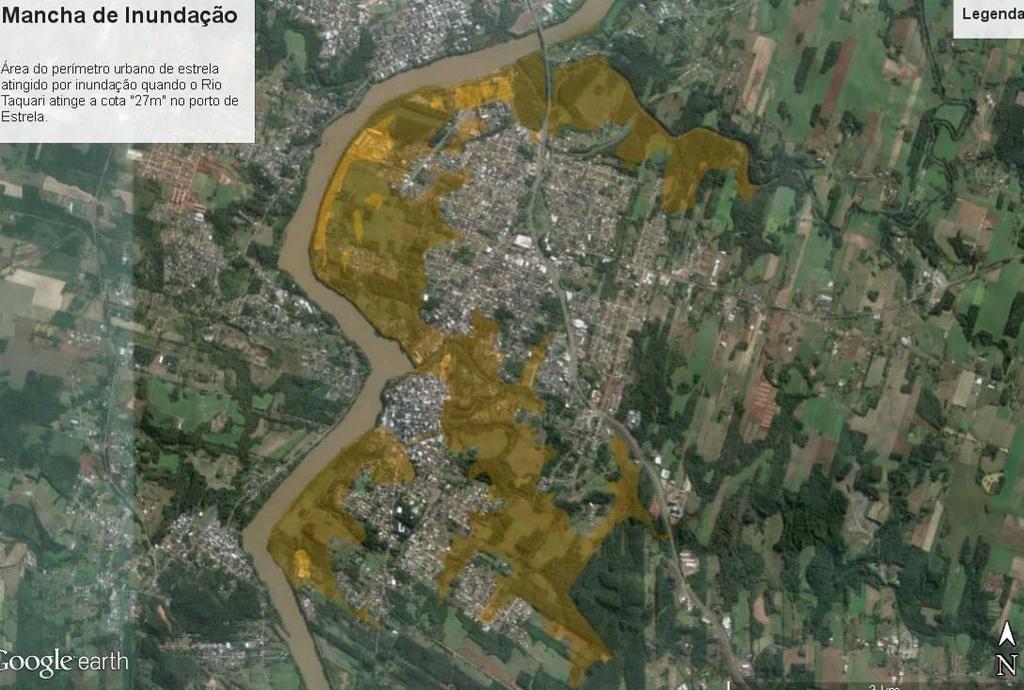 Mancha de inundação quando o Rio Taquari atinge a cota 27 m no