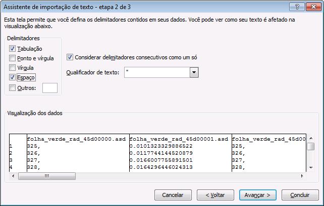 Figura 14 - Assistente de imprtaçã de text, etapa 2. Clique em Avançar e sem seguida, clique em Cncluir.