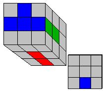 Note que as cores nos lados adjacentes devem corresponder com a cor dos cubinhos que formam a cruz. Nas imagens de exemplo a cor F é azul.