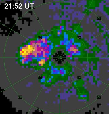 Figura 32: Campo de refletividade do radar de Bauru para o evento de 26 de março de 2000, que mostra a evolução temporal da célula convectiva que atingiu