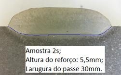 Parâmetros de soldagem Amostra 2s, 2d A T L VS Tp/Ti Passe Im V m/min. (s) (mm).