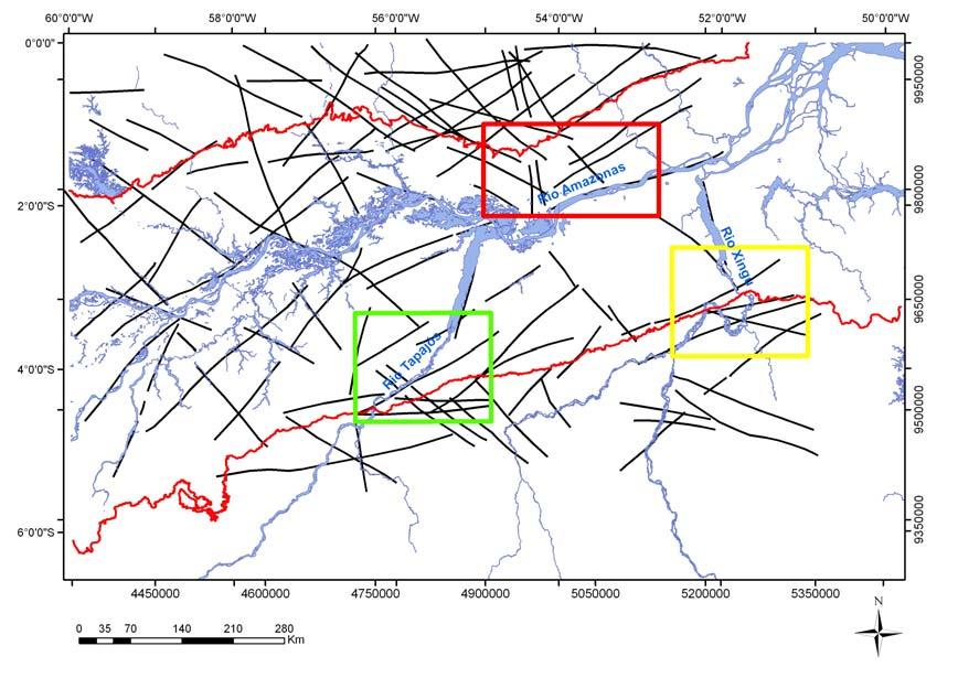 7 Capítulo 2 Material e Métodos Figura 2-1: Mapa de lineamentos traçados com base nas imagens SRTM em escala 1:800.000 (Fonte: Projeto CATEA).