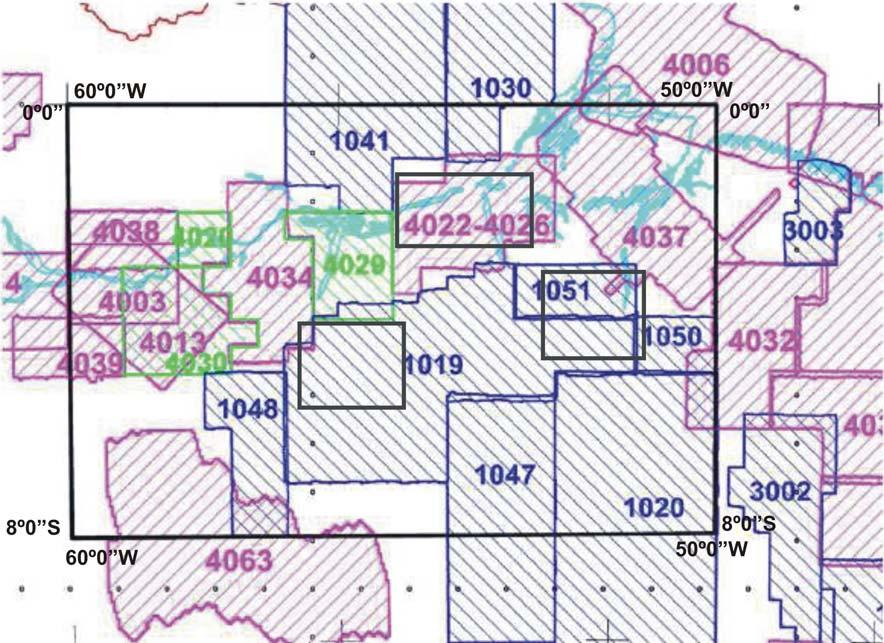 8 Capítulo 2 Material e Métodos Figura 2-2: Mapa de localização dos projetos aerogeofísicos na área de estudo (PGW 2007): em preto área e subáreas de estudo; em azul (série 1000) dados magnéticos e