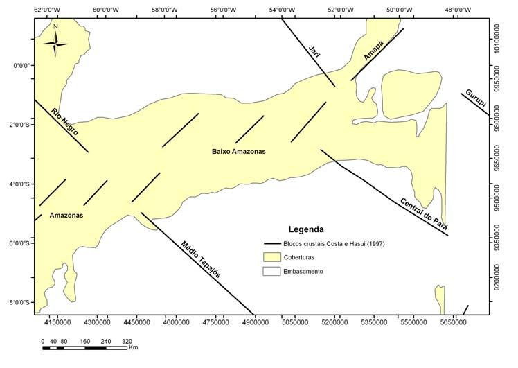 55 Capítulo 4 Geologia Regional e Litoestratigrafia Figura 4-5: Blocos crustais da região amazônica no Brasil. Modificado de Costa & Hasui (1997). Área de estudo em preto.