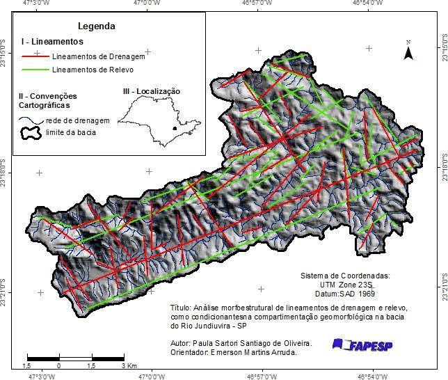 Mapa 02 Lineamentos na Bacia do Rio Jundiuvira -SP CONSIDERAÇÕES FINAIS: Os lineamentos mostram a orientação dos falhamentos na direção NE-SW, esperada para a área dadas as discussões entorno dos