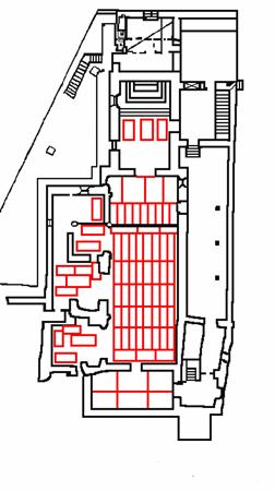 Fig. 375 Reconstituição conjectural das sepulturas nas capelas e igreja, no séc. XVIII. Cfr.