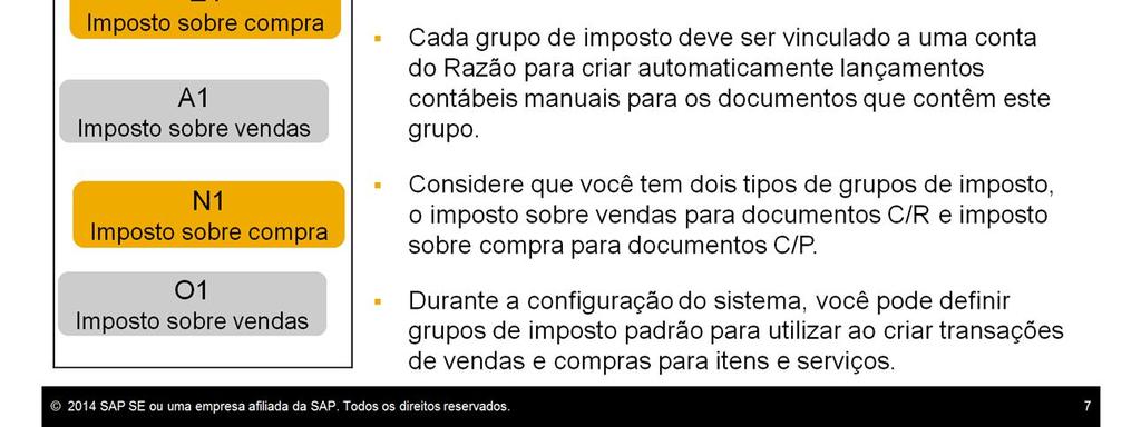 O SAP Business One fornece grupos de imposto predefinidos para cada localização suportada a ser utilizada pela sua empresa para compras, vendas e pagamentos.