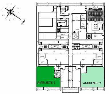 1677 3.1.1. Ambiente 1 (Piso térreo) A Figura 7 mostra a planta arquitetônica do piso térreo da Edificação de Uso Público destacando, em verde escuro, o Ambiente 1, setor analisado situado no