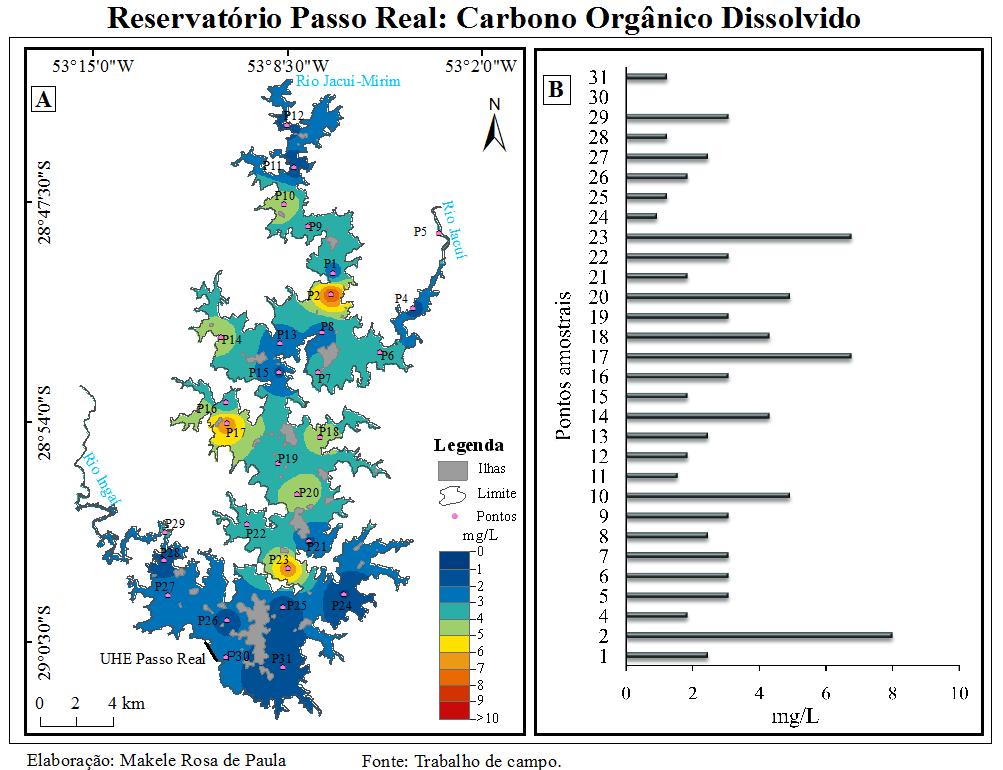 60 4.2.5 Carbono orgânico dissolvido As concentrações de Carbono Orgânico Dissolvido (COD) variaram de 0,92 mg/l no ponto amostral 24 à 8 mg/l no ponto amostral 2 conforme a Figura 16 B.