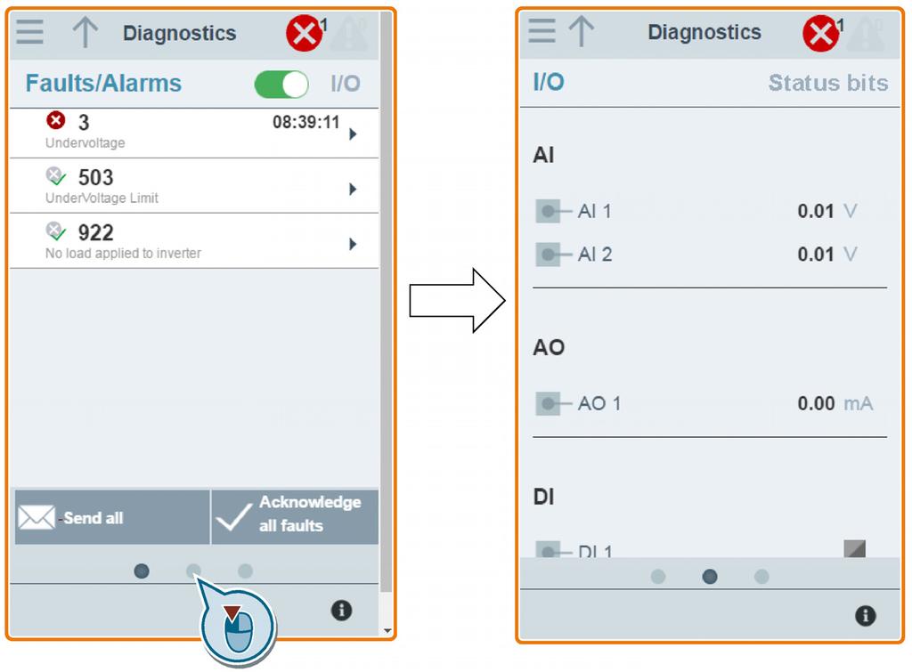 Colocação em serviço usando o SINAMICS V20 Smart Access 6.11 Diagnóstico Você pode usar o botão de filtro para exibir todas as falhas e alarmes ou ativar apenas alguns.