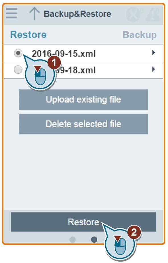 Colocação em serviço usando o SINAMICS V20 Smart Access 6.12 Backup e restauração Restauração do arquivo selecionado 1.