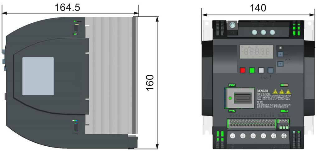 ventilador 3) Profundidade do conversor de placa plana (somente para 400 V, variante de 0,75 kw) Tamanho da carcaça