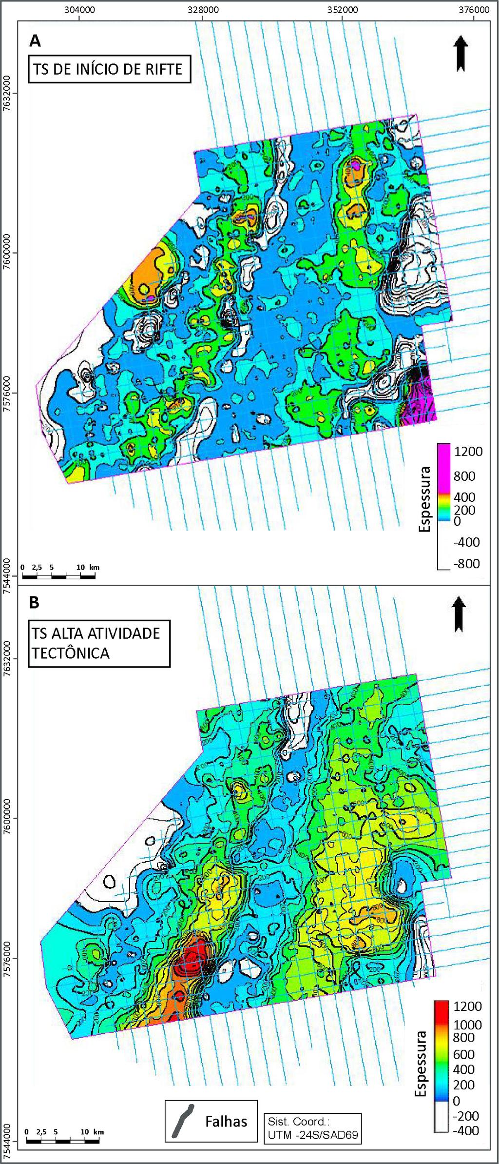 Ene et al. facilmente identificáveis a margem flexural, área menos espessa, de cada meio-gráben e seus respectivos footwalls, área mais espessa (Fig. 9B).