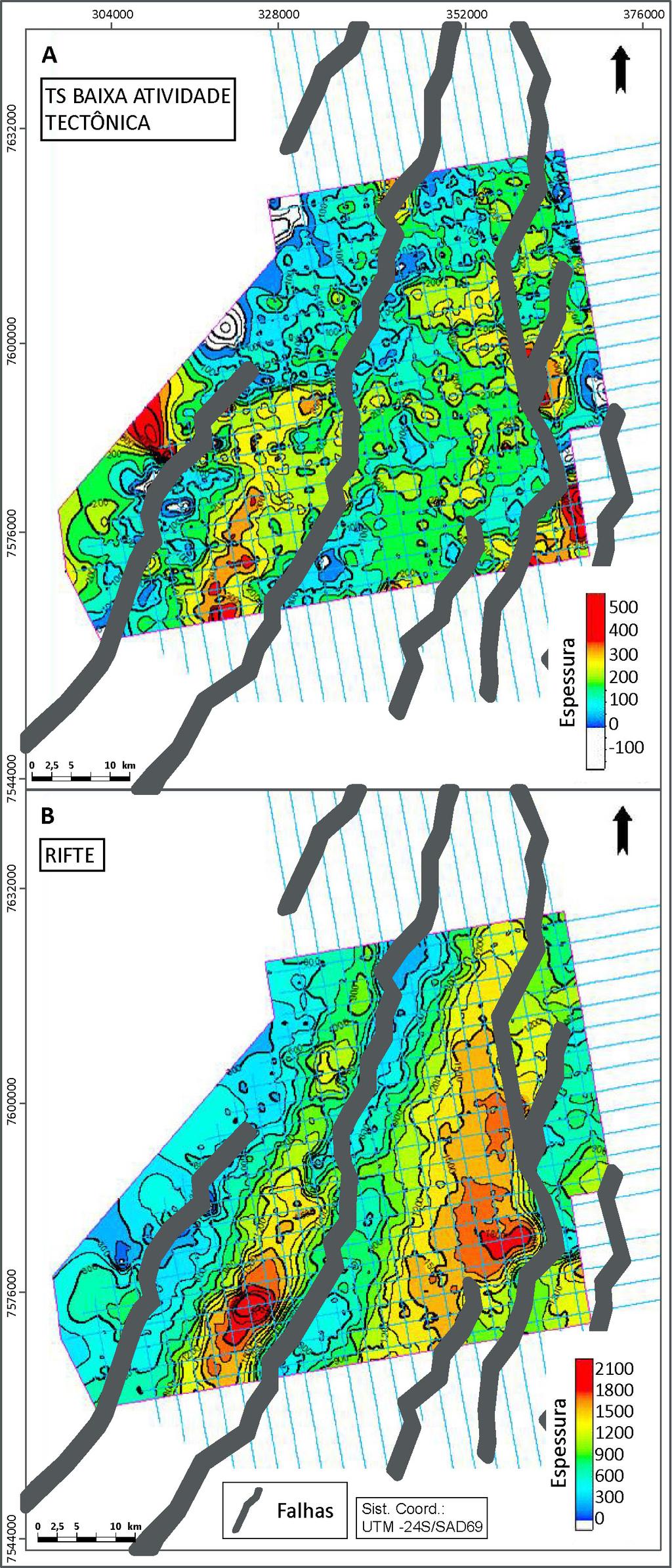 margem flexural para o MG-02 no período compreendido pelas US-6 a US-9. Figura 9. Mapa de isópacas mostrando a espessura em tempo sísmico (milissegundos) da evolução dos meio-grábens.