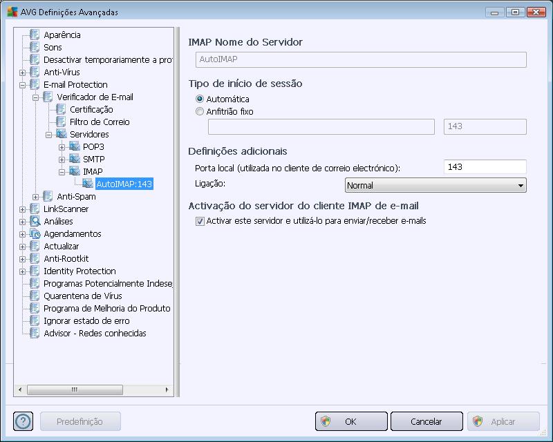 Nesta janela (acessível via Servidores / IMAP) pode configurar um novo servidor do Verificador de E-mail utilizando o protocolo IMAP para e-mail a enviar: Nome do Servidor IMAP neste campo pode