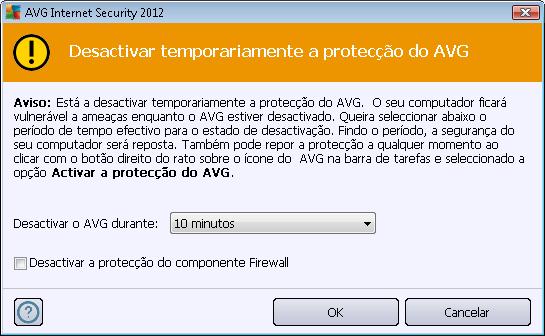 opção clicando no botão Aplicar Na janela Desactivar temporariamente a protecção do AVG especifique a duração da desactivação do AVG Internet Security 2012.