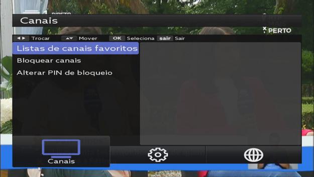 Canais Pode editar o grupo de canais favoritos, bloquear canais e alterar o código PIN neste menu. Pressione a tecla. Selecione Canais com as teclas de navegação ( / ) no menu principal.