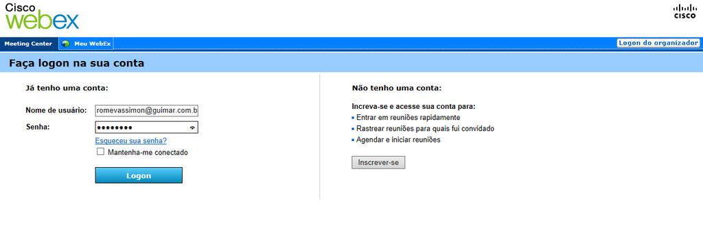 com Clicar em logon do Organizador Digitar as credenciais de acesso de Acesso Nome do Usuário: ********* Senha: ***********