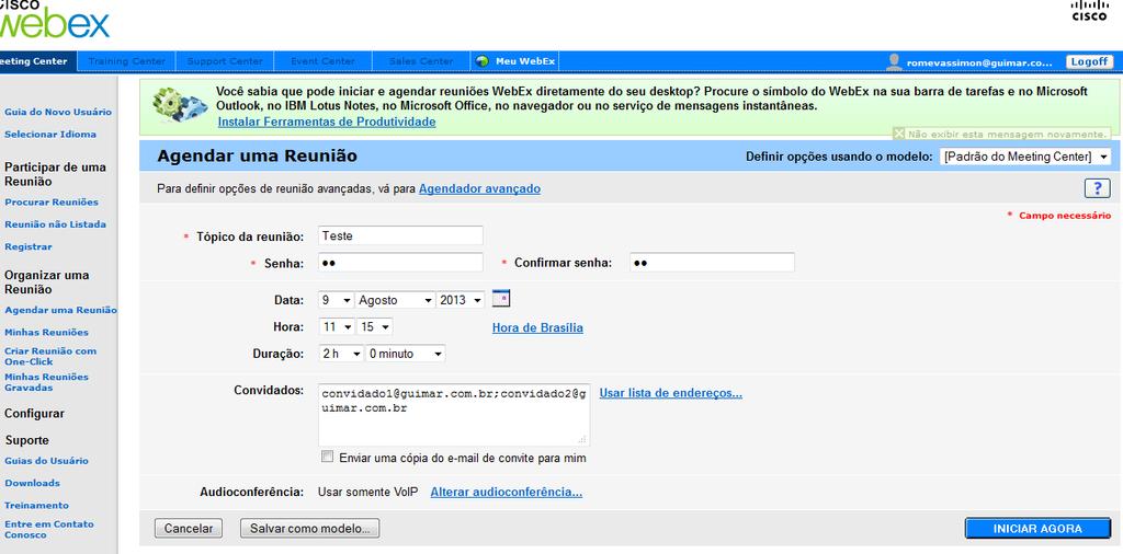 Folha 9 de 19 Efetuar a digitação dos Campos: Tópico da Reunião: Definir o Nome da reunião. Senha: Criar uma senha para acesso da Reunião.