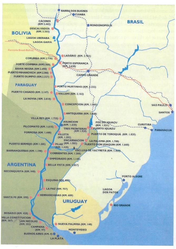 quilômetros de extensão, através do Rio Paraguai, que liga a cidade de Cáceres (MT) ao porto de Nueva Palmira, no Uruguai, passando por cinco países: Brasil, Bolívia, Paraguai, Argentina e Uruguai,