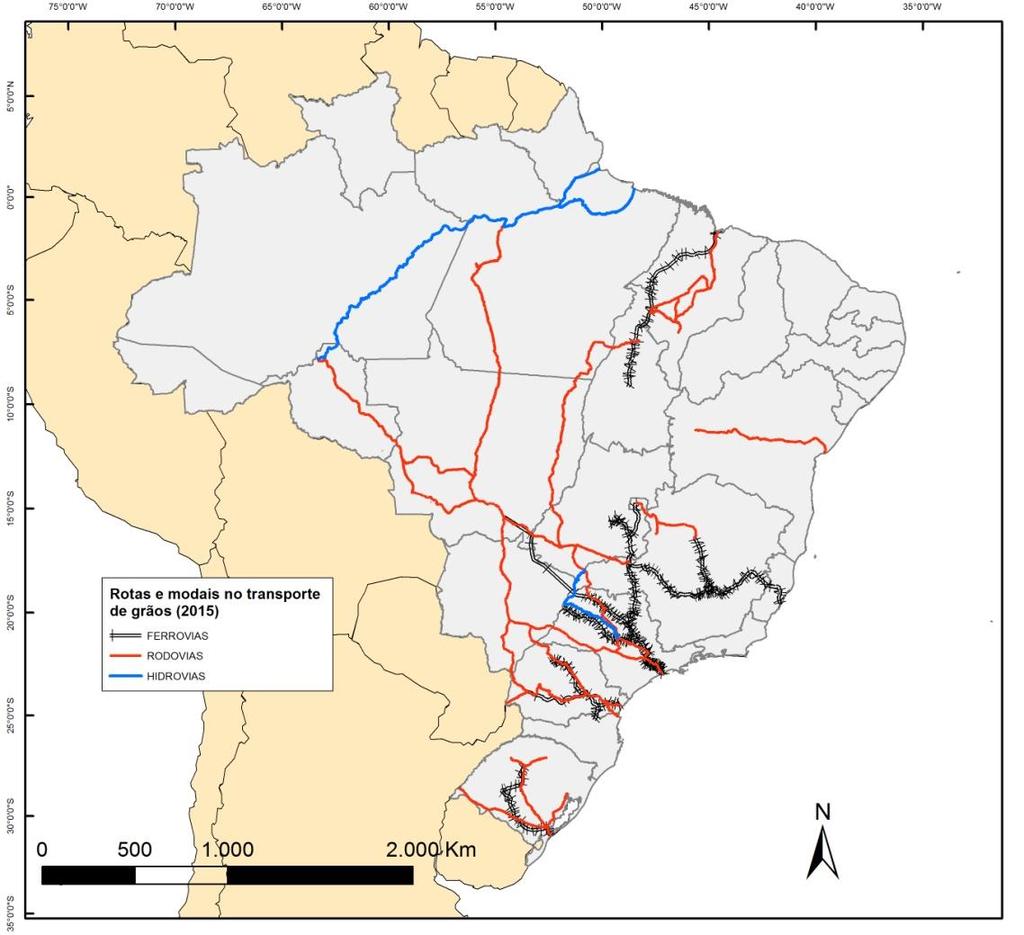 Figura 5. Localização dos principais caminhos percorridos pela soja e milho exportados em 2015.