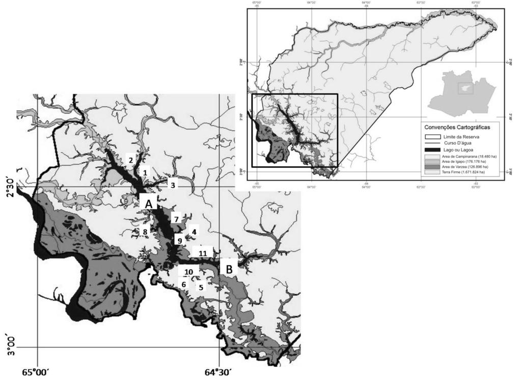 Figura 1 Mapa da Reserva de Desenvolvimento Sustentável Amanã no estado do Amazonas ressaltando os locais de coleta.