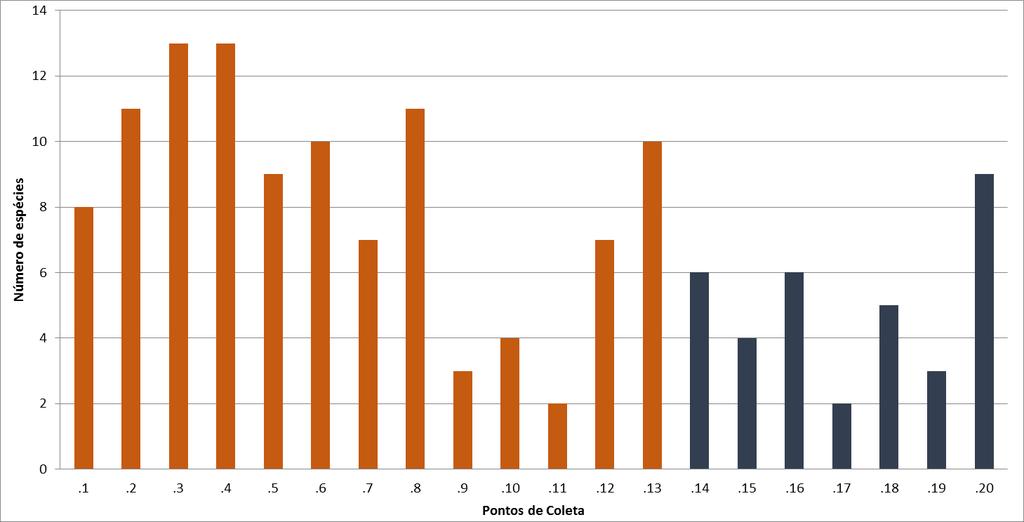 P á g i n a 37 Os pontos de coleta 3, 4 e 8 foram os de maior diversidade taxonômica; nos pontos 9, 11 e 17 se registraram as menores diversidades (Figura 6).