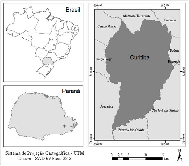 Figura 1. Localização Geográfica da cidade de Curitiba. Tabela 1. Dados meteorológicos obtidos no interior do bosque e no transecto móvel.
