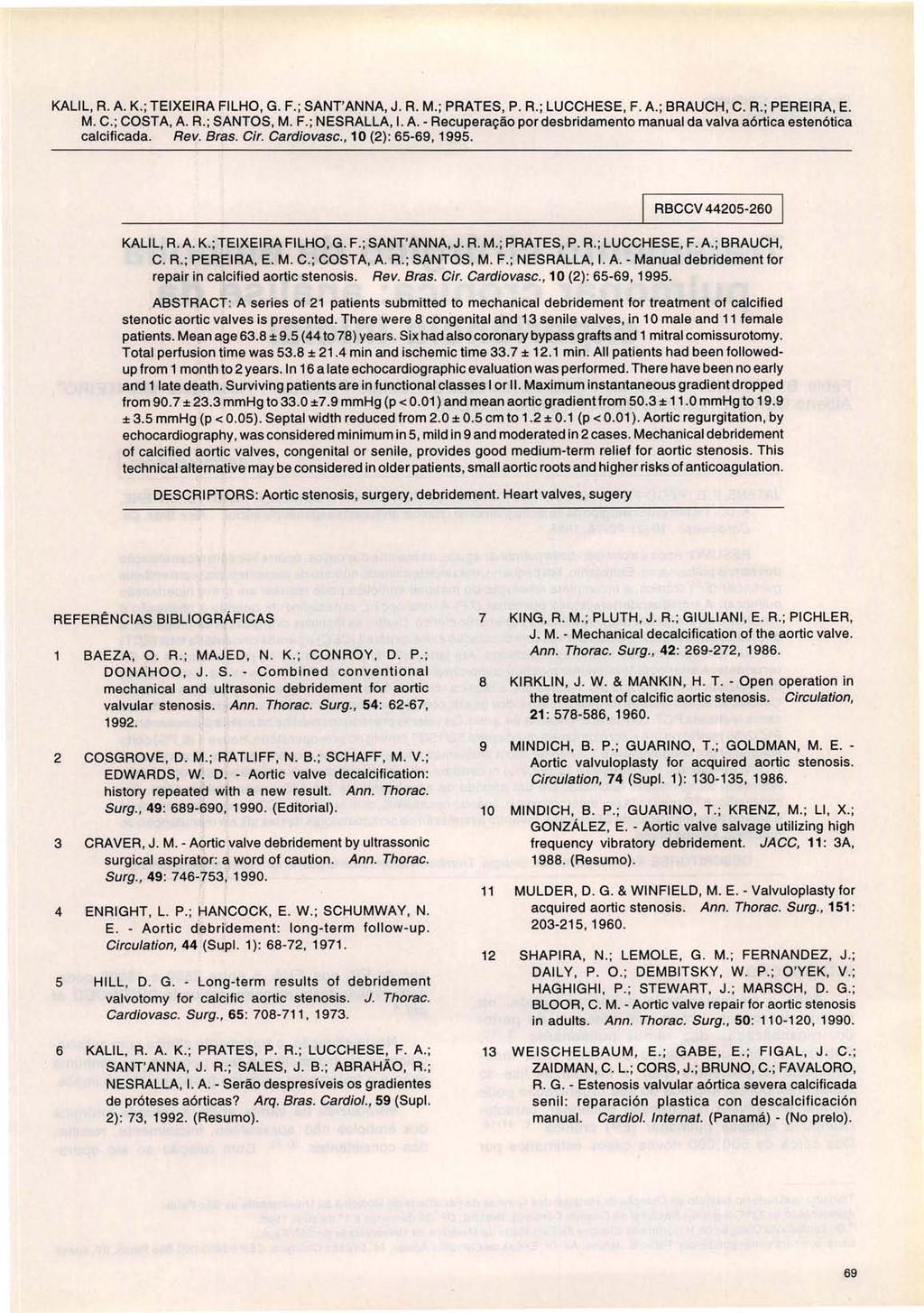 KALlL, R. A. K.; TEIXEIRA FILHO, G. F.; SANT'ANNA, J. R. M. ; PRATES, P. R.; LUCCHESE, F. A.; BRAUCH, C. R.; PEREIRA, E. M. C.; COSTA, A. A.; SANTOS, M. F.; NESRALLA, I. A. - Recuperação por desbridamento manual da valva aórtica estenótica calcificada.