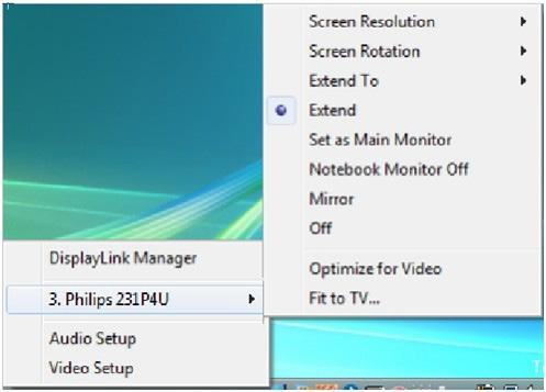 Esse ícone permite-lhe aceder ao menu do DisplayLink Manager. Para utilizar o menu DisplayLink Manager 1.