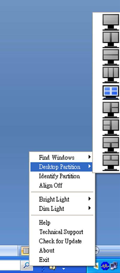 Menu Botão Esquerdo Clicar no botão esquerdo sobre o ícone da Desktop Partition (Partição do Ambiente de Trabalho) para enviar rapidamente a janela activa para qualquer partição sem ter de a arrastar